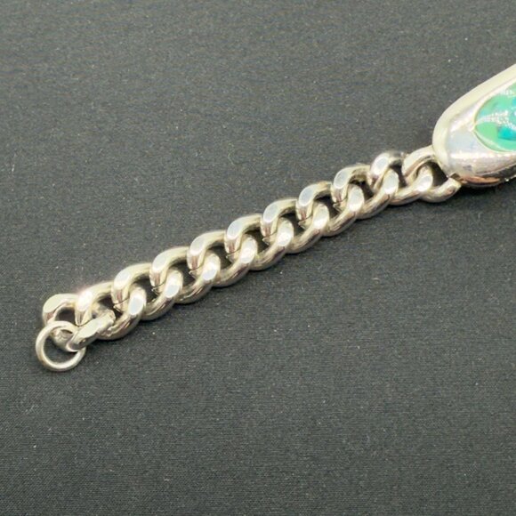 Vtg Celebrity NY Unisex Chunky Mens Bracelet Green Chip Curb Chain Silver Tone - Picture 2 of 10